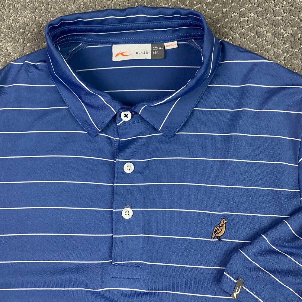 KJUS Soren Polo Shirt Men's 52 Large Blue White Stripe Performance Stretch Golf